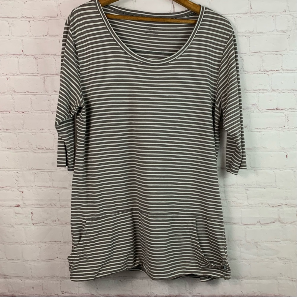 Toad & Co Ursa Tunic Top Shirt taupe white stripe scoop neck 3/4 sleeve Large